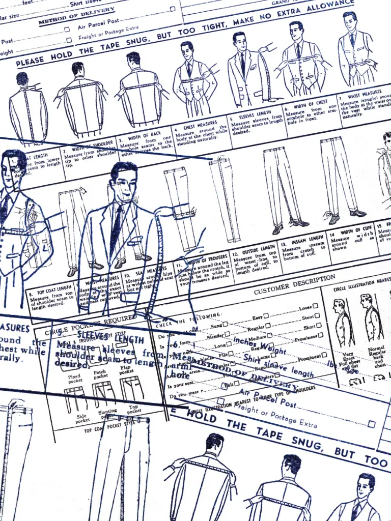 A vintage tailor's measurement form, its figure diagrams and instructions drawn in blue ink.